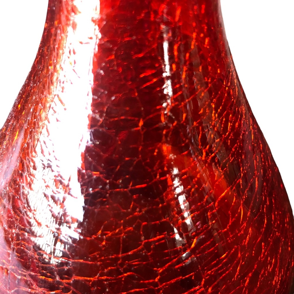 Vtg Ruby Red Amber Crackle Glass Hand Blown Bud Vase Ruffled Rim Applied Rigaree - Picture 7 of 16